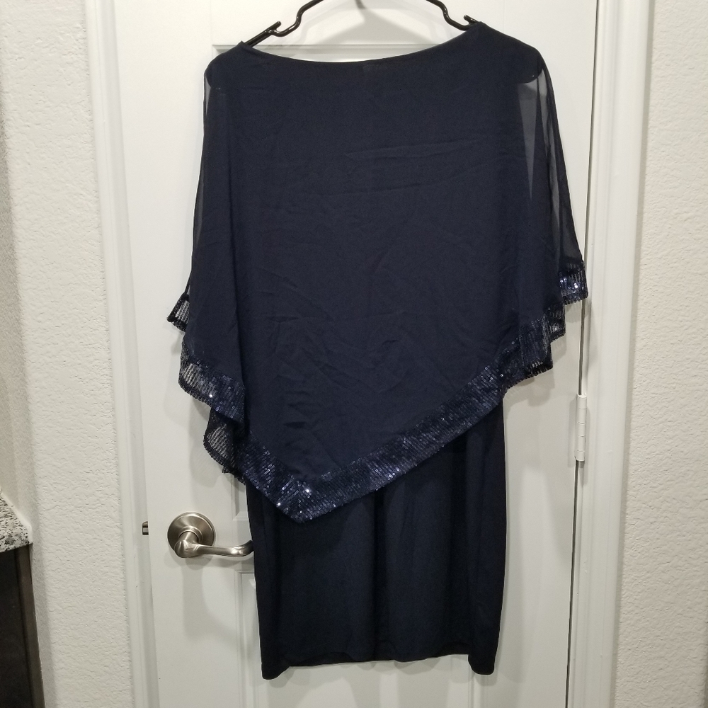 Enfocus Studio Ruffle puffs Sleeve Cover Pencil Dress Blue Sequins Lace Size 6